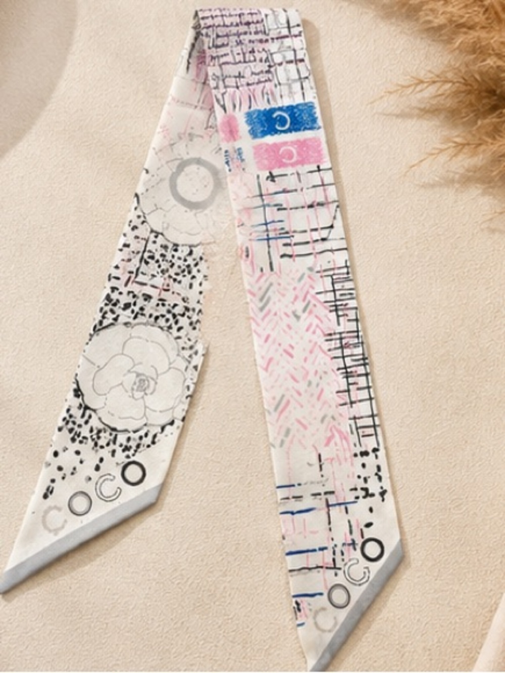 Designer Inspired White Pink Abstract Twilly Scarf